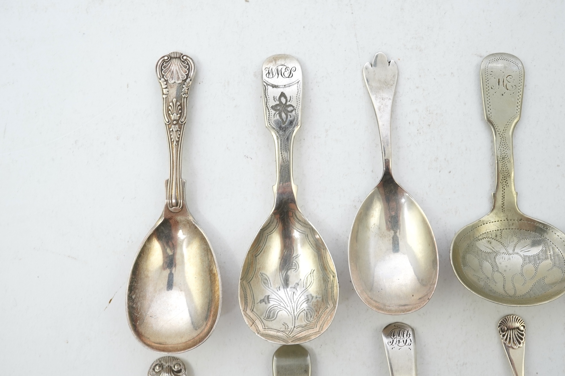 Nine assorted 19th century and later silver and white metal caddy spoons